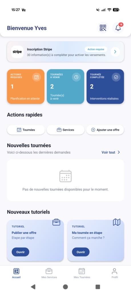 Aperçu de l’écran d’accueil Voizapp côté artisan sur mobile
