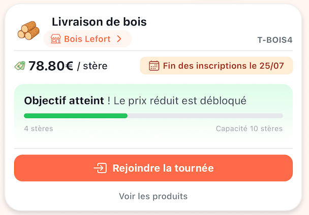 Vue liste d'une tournée disponible avec objectif atteint